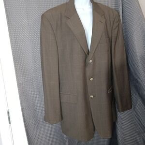 Jos. A. Bank Men's 44L Brown Plaid Wool Suit Jacket Blazer 3-Button Dual Vent